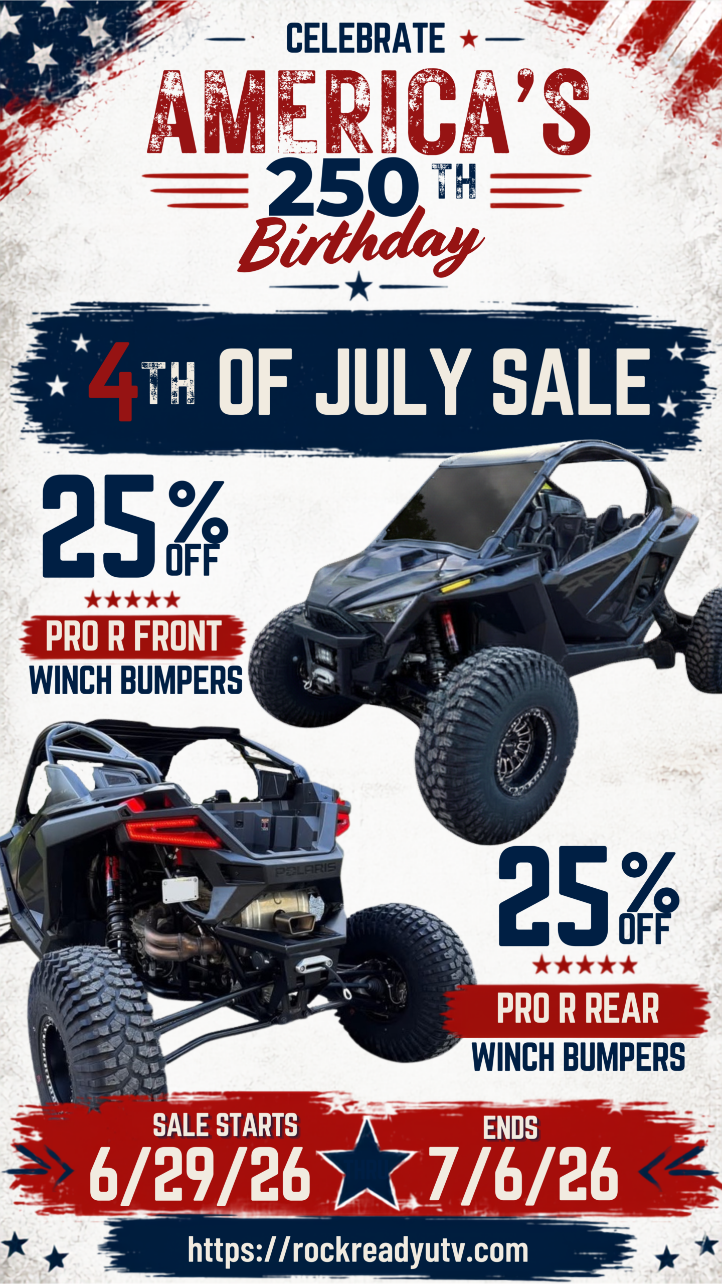 4th of July sale - 25% off Polaris RZR Pro R front and rear winch bumpers at Rock Ready UTV